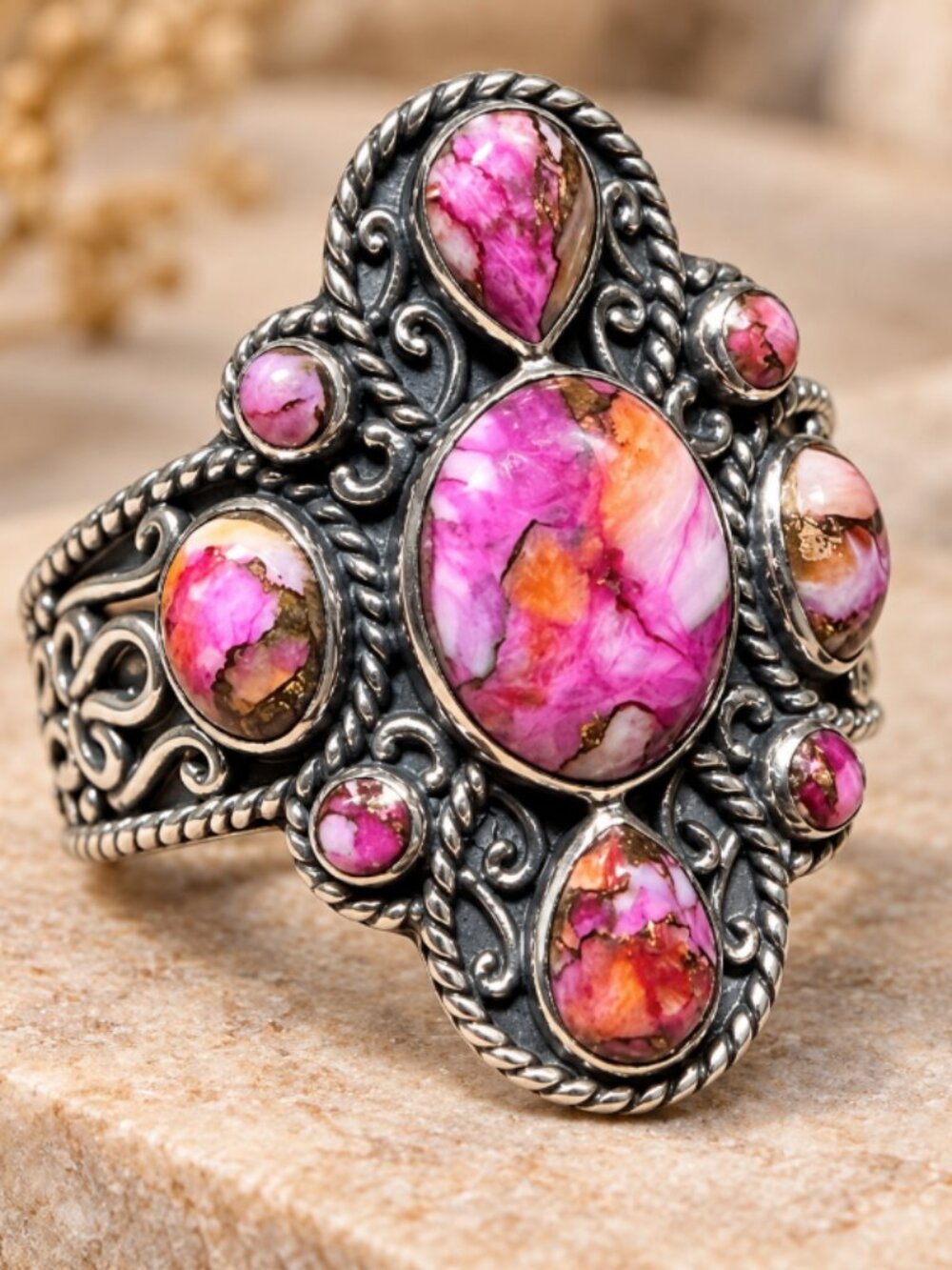 Spiny oyster shells ring in sterling silver.